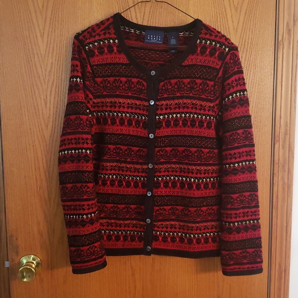Pretty Red Black Crazy Horse (Liz Claiborne) Cardigan Sweater Sz S